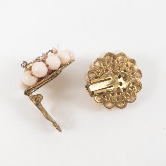 Vintage 50s Enamel Cluster Beaded Earrings Pink - Picture 3 of 7